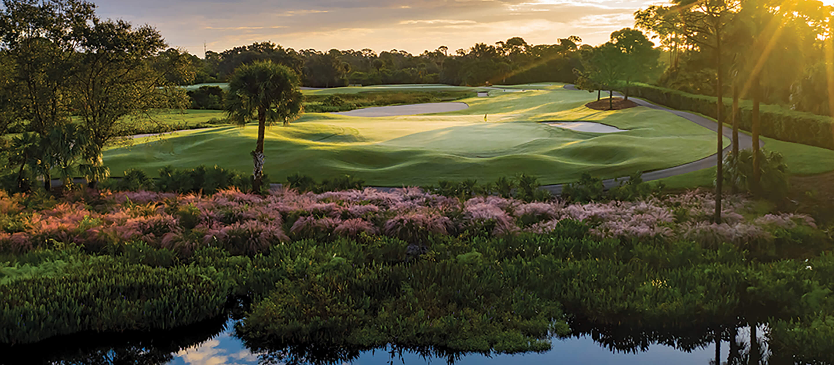 golf course with flowering plants next to waterway