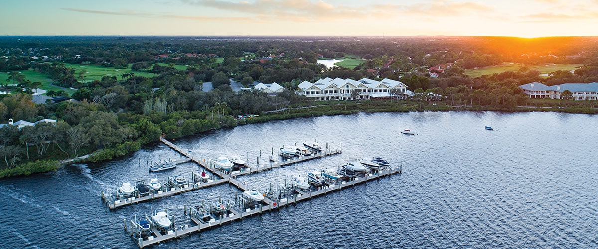 Aerial view of the Harbour Ridge private marina in the St. Lucie river